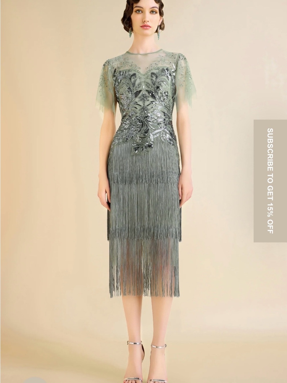 Sequin & Fringe Midi Dress in Sage Green